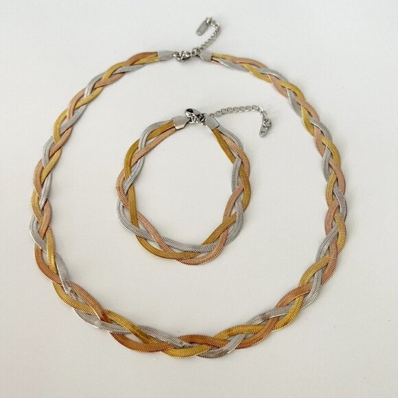 18K Gold Plated braid woven Herringbone bracelet stainless steel womens jewelry - Picture 5 of 9